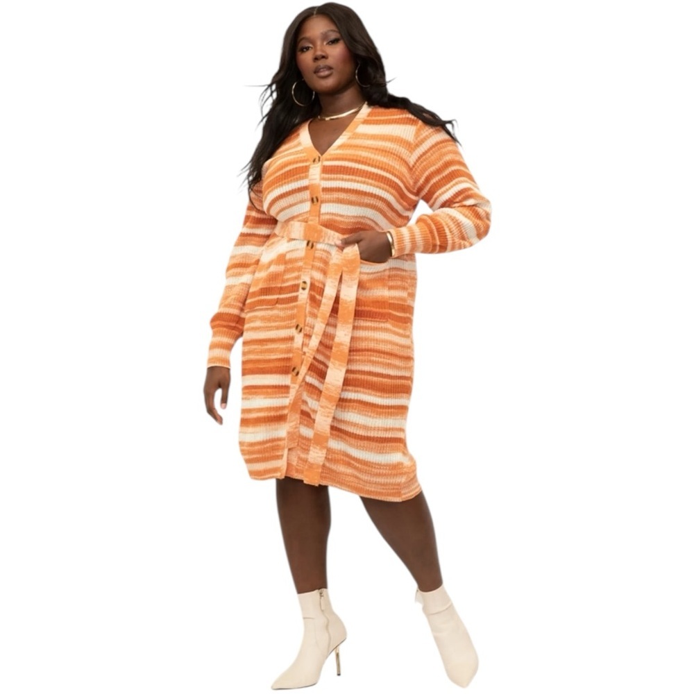 ELOQUII Cardigan Sweater Dress with Tie Space dye Peach and Cream Size 22/24